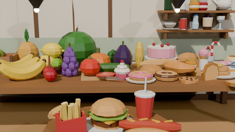Low-poly food models on a wooden table: fruit, cake, burger, drinks.