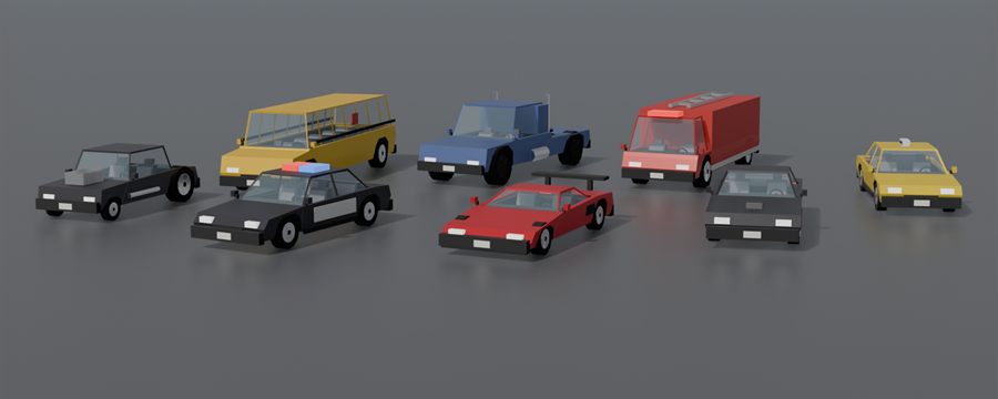 A line-up of low-poly vehicles: taxi, police car, van, truck, sports car, bus.